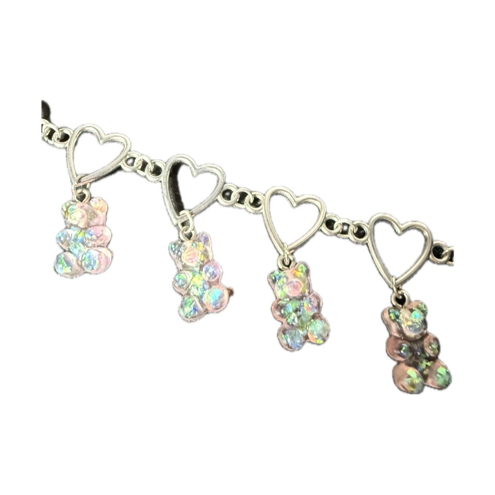 Silver Heart and Bear Charm Choker Necklace